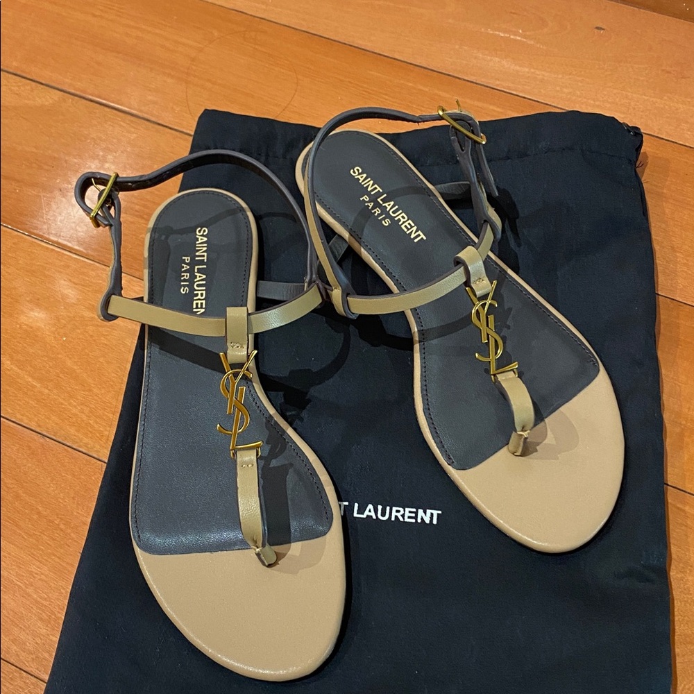 Saint Laurent Beige Sandals with Gold Accent